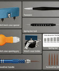 All In One Watch Repair Kit For Battery Replacement With 5 In 1 Precision Screwdriver and tools layout