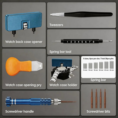 All In One Watch Repair Kit For Battery Replacement With 5 In 1 Precision Screwdriver and tools layout