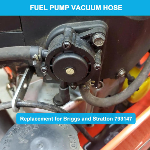 Close-up of fuel pump vacuum hose attached to engine, part of Two Pack Fuel Pump Vacuum Hose 793147 With Clamps For Lawn Tractors And Mowers Compatible With John Deere LA130 To LA175 D110 To D125 Husqvarna 2246 LS Sears DYS 4500 OEM Grade Performance.