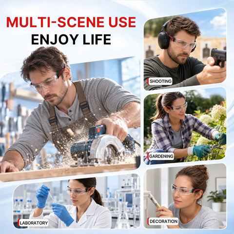 Real Deal Clear Safety Glasses For Men Bulk Pack Featuring Ansi Z87.1 Compliance used for woodworking, shooting, gardening, and lab work.
