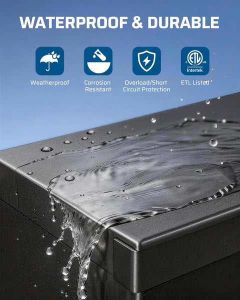Water flowing over Outdoor Low Voltage Landscape Transformer 200W Easy Plug In Setup Three Independent Outputs Dusk To Dawn Photocell Sensor Countdown Timer With Memory Weatherproof ETL Listed 120V AC To 12V Or 14V For Landscape Lighting, showcasing waterproof durability.
