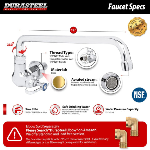 Wall Mounted Commercial Kitchen Wok Range Faucet With 14 Inch Swivel Spout Brass Construction Chrome Polished Finish Single Hole Body And Handle Built Tough For Heavy Duty Use In Busy Kitchens, showcasing features and specifications.