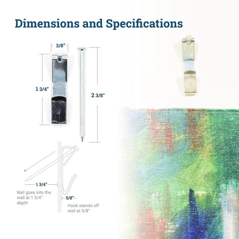 Heavy Duty Picture Hangers Set 100 Lb Per Hook With Nails For Hanging Photos Like A Pro, dimensions and specifications shown