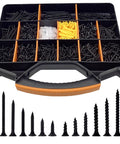 Ultimate Wood Screws Assortment Kit With Drywall Screws And Black Wood Screws 1100 Pieces arranged in a divided case with 100 anchors