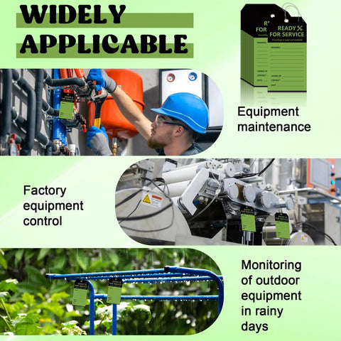Ready For Service Tag Set 50 Pack 3x5 3/4 Inch Wire Grommet Repair Tags For Equipment Black And Green Color Code Tags For Production Status Required Examination And Maintenance In The Shop Cardstock on hanging green tag