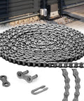 20 Ft #41 Roller Chain With 2 Links Heavy Duty Corrosion Resistant Interchangeable Replacement For Driven Slide Gate Operator and Conveyor System Reliable Performance For Outdoor Use, showing detailed links and connectors.