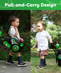 Kid Tested Retractable Toddler Golf Clubs Set With Smooth Rounded Shafts And Jumbo Safety Balls Perfect For Little Swingers Ages One To Four Top Shelf Green Play Gear, child pulling golf cart.