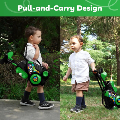 Kid Tested Retractable Toddler Golf Clubs Set With Smooth Rounded Shafts And Jumbo Safety Balls Perfect For Little Swingers Ages One To Four Top Shelf Green Play Gear, child pulling golf cart.
