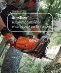 Man using 555 Gas Chainsaw With 24 Inch Bar 60cc 4.16 HP X Torq Engine And X Cut Chain for tree cutting in forest with AutoTune feature.