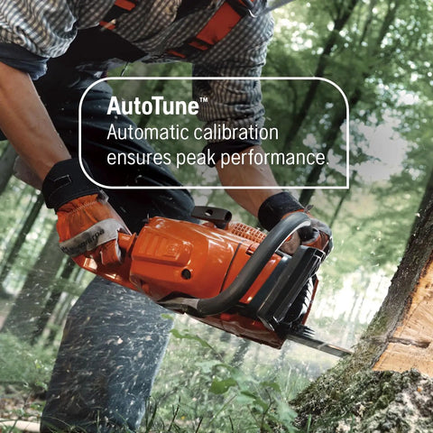 Man using 555 Gas Chainsaw With 24 Inch Bar 60cc 4.16 HP X Torq Engine And X Cut Chain for tree cutting in forest with AutoTune feature.
