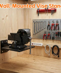 Heavy Duty Bench Grinder Stand With Multi Angle Swivel Top Rock Solid Workshop Tool Mount For Tables And Walls Fits Grinders Vises Drill Presses Built Tough For Daily Shop Grinds And Welding mounted on wood wall with tools.