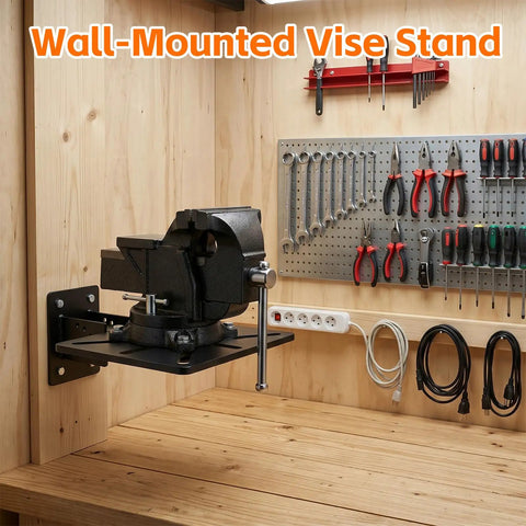 Heavy Duty Bench Grinder Stand With Multi Angle Swivel Top Rock Solid Workshop Tool Mount For Tables And Walls Fits Grinders Vises Drill Presses Built Tough For Daily Shop Grinds And Welding mounted on wood wall with tools.