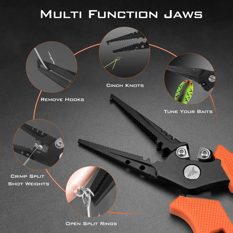 7.5 Inch Braid Scissors And Pliers Set For Saltwater Fishing Line Cutter And Hook Remover Corrosion Resistant Stainless Steel Tool Kit Tough As Nails Fishing Gear For Men Versatile Saltwater And Freshwater Use showing multi-function jaws for fishing tasks.