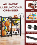Garage Sports Equipment Organizer With Ball Storage Large Capacity For Gear And Toys Includes Hooks And Baskets For Basketballs Soccer Balls Footballs Golf Balls Bats And More, shown with balls and gear.