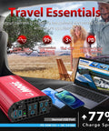 300W Pure Sine Wave Car Power Inverter with PD 30W Type C and QC 3.0 USB, charging devices on a laptop and phone in a car.