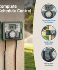 9-Station Outdoor Sprinkler Timer With Indoor And Outdoor Locking Cabinet mounted on wall with display set to 6:30.