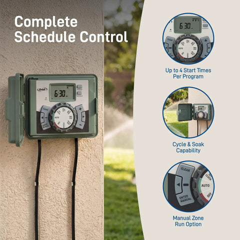 9-Station Outdoor Sprinkler Timer With Indoor And Outdoor Locking Cabinet mounted on wall with display set to 6:30.