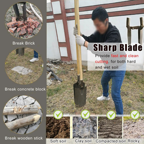 Heavy Duty Manual Post Hole Digger Featuring Sturdy Wood Handle And Razor Sharp Blades For Crushing Tough Clay Soil in action.