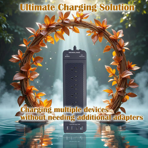 Heavy Duty Surge Protector Power Strip With 18 Wide Spaced Outlets And 4 USB Ports Two USB A And Two USB C With PD 20W, 4800 Joules, 10 Ft Cord, Mountable Flat Plug, Ideal For Office Home Industrial And Commercial Use Black showcased with decorative elements.