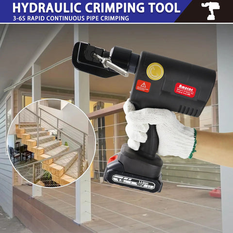 Cordless Hydraulic Cable Crimper For 12AWG To 2/0AWG Wire With 20 Interchangeable Dies Dual Lithium Batteries in use for crimping.