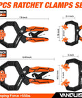 Image of Beefy 4 Pack Quick Release Ratcheting Wood Clamps For Woodworking Heavy Duty Hand Clamps With Ergonomic Handles 55 Lbs Clamping Force Includes Two 4 Inch And Two 2 Inch Clamps