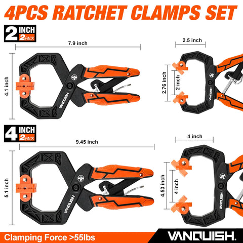 Image of Beefy 4 Pack Quick Release Ratcheting Wood Clamps For Woodworking Heavy Duty Hand Clamps With Ergonomic Handles 55 Lbs Clamping Force Includes Two 4 Inch And Two 2 Inch Clamps