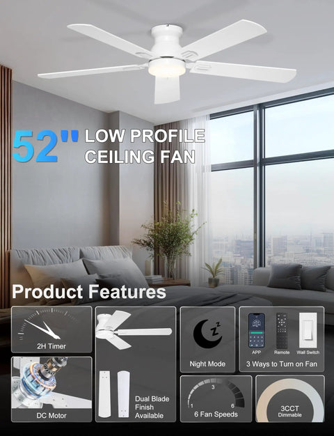 Living room with 52 Inch Low Profile Ceiling Fan With Light For Low Ceilings White Flush Mount Quiet DC Motor overhead.