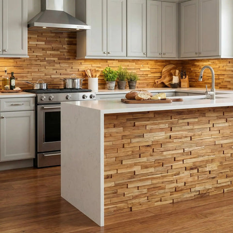EZ-Wall 3D Teak Mosaic Tiles Mesh-Backed Wall Panels Natural Finish DIY Install Set Of 10 Tiles Each 21.5 X 8.25 Inches Depth 1/2 To 3/4 Inch Covers About 40 X 46 Inches Warm Rustic Teak Look on kitchen island and backsplash