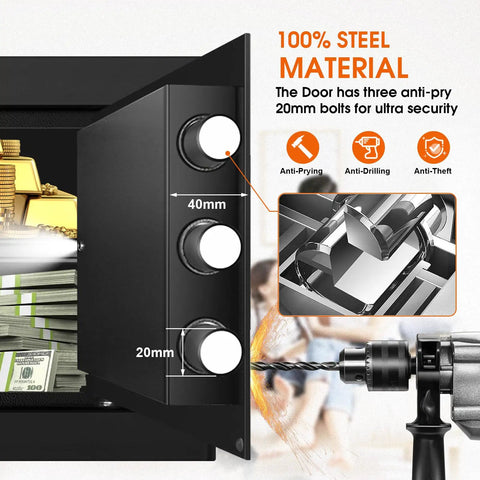 1.3 Cu Ft Small Fire Safe Box For Home With Electronic Keypad And Spare Keys showing anti-pry 20mm bolts detail