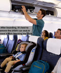Man placing Portable Car Seat Dolly for Travel Foldable Hand Truck with 110 Lb Capacity in overhead bin on airplane
