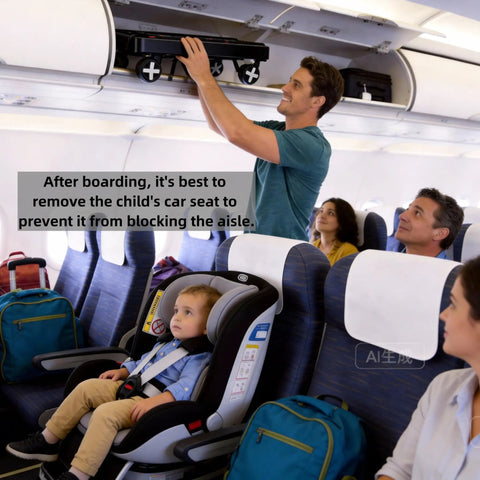 Man placing Portable Car Seat Dolly for Travel Foldable Hand Truck with 110 Lb Capacity in overhead bin on airplane