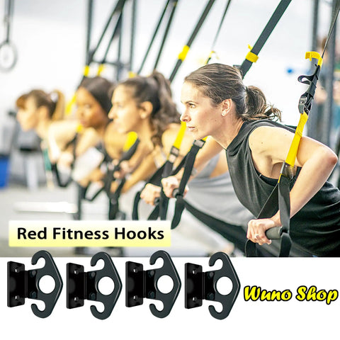 Badass Heavy Duty 4 Pack Resistance Band Wall Anchors For Home Gym Workout Exercise Fitness Physical Therapy And Compact Studio Training Gear Black Finish in use with fitness bands.