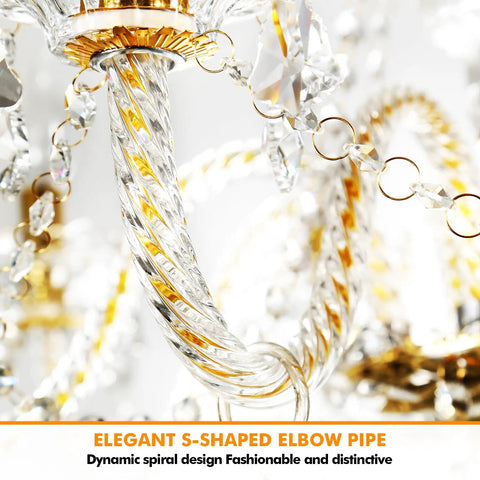 Gold Color Luxurious Crystal Chandelier With K9 Crystal Drops, S-shaped elbow pipe, close-up of raindrop glass pendant