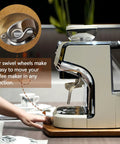 Rock Solid Wooden Appliance Slider With 360 Rolling Wheels For Coffee Makers shown with swivel wheels and coffee maker for easy movement.