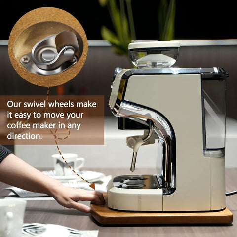 Rock Solid Wooden Appliance Slider With 360 Rolling Wheels For Coffee Makers shown with swivel wheels and coffee maker for easy movement.