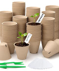 150 Pack All In One Seed Starter Kit Biodegradable Peat Pots 3.15 Inch With Drainage Holes Round Garden Plant Nursery Pots Includes 30 Plant Labels And 2 Transplant Tools with stacked pots and tools displayed.