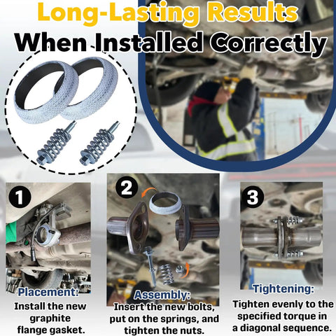Hella Tough Exhaust Flange Bolt And Gasket Repair Kit With M8 Spring Bolts showing installation steps and materials used.