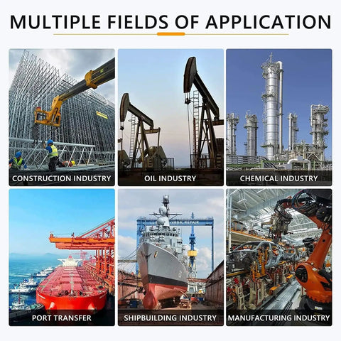 Collage of multiple industries: construction, oil, chemical, port transfer, shipbuilding, and manufacturing