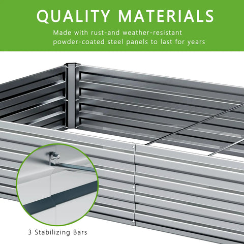 Close-up of 2 Pack Galvanized Raised Garden Bed Kit 12 By 4 By 1 Feet Outdoor Planter, showing silver metal panels and stabilizing bars