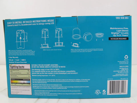Back packaging instructions for 4 Inch White Led Recessed Light Trim 4 Pack 5000K Daylight Can Bulb Upgrade Dimmable.