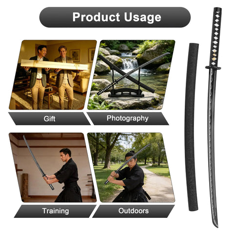 Hand Forged Steel Samurai Sword With Clay Tempered Blade Unsharpened Practice Katana displayed in various usage scenarios
