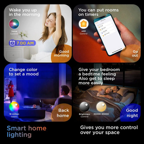Smart home lighting features with voice control, app timers, color change, and brightness settings for Smart LED Flush Mount Ceiling Light