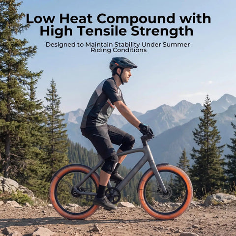 Cyclist on mountain bike with low heat compound tires in scenic mountain landscape, wearing protective gear, forest background.