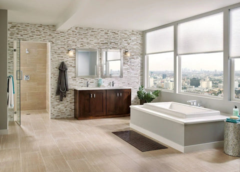Modern bathroom with Rizon Eco-Performance Posi-Temp Shower Trim Kit Chrome Finish visible, showing a sleek chrome finish and bath decor.