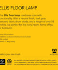 Product details for Walnut Rubberwood Floor Lamp With Grey Fabric Drum Shade 58.5 Inch Tall 3 Way Adjustable Brightness Perfect For Bedroom And Living Room Decor Elevates Your Home Vibe on a yellow background.