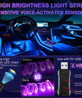 Smart Interior LED Car Lights With USB Port Fiber Optic Ambient Lighting Kit Wireless App Control Sync To Music Lit 16 Million RGB Colors 29 Dynamic Modes 6 In 1 Car Decor Gift For Women Men, displaying high brightness strips inside a car and USB controller.