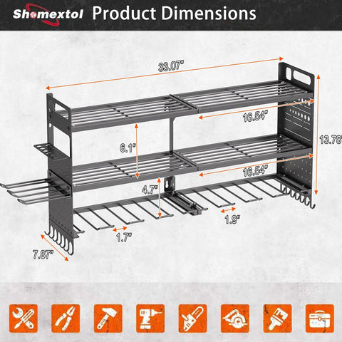 33 Inch Wide Power Tool Organizer Wall Mount Heavy Duty Cordless Tool Rack With 10 Drill Holders, 3 Tier, with dimensions