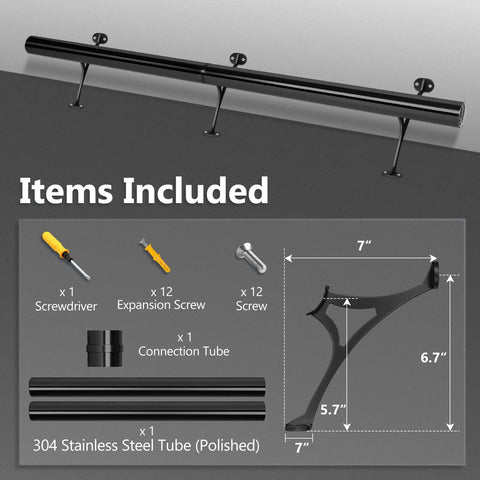 4 Foot Bar Foot Rail Kit With 304 Stainless Steel Tubes Polished Finish And Brushed Brackets Silver Bar Rail For Under Counter Mounting Complete Hardware And Tubing Great For Your Home Bar Setup displayed with included items like screwdriver, screws and expansion screws.