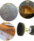 2 Inch Sanding Discs Set With 425 Pieces And One Quarter Inch Round Shank Backing Pad Includes Soft Foam Buffers And Assorted Grit 40 To 3000, showing uses on metal, jade, and wood.