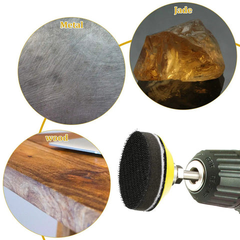 2 Inch Sanding Discs Set With 425 Pieces And One Quarter Inch Round Shank Backing Pad Includes Soft Foam Buffers And Assorted Grit 40 To 3000, showing uses on metal, jade, and wood.
